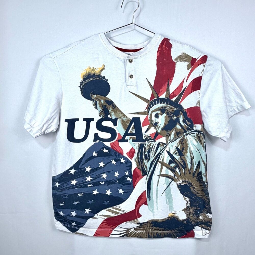 American Legacy Mens XL Graphic T-Shirt Statue of Liberty Flag Henley